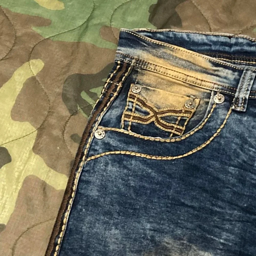 NWT KAALU slim straight thick stitch‎ washed denim mens 34/32.